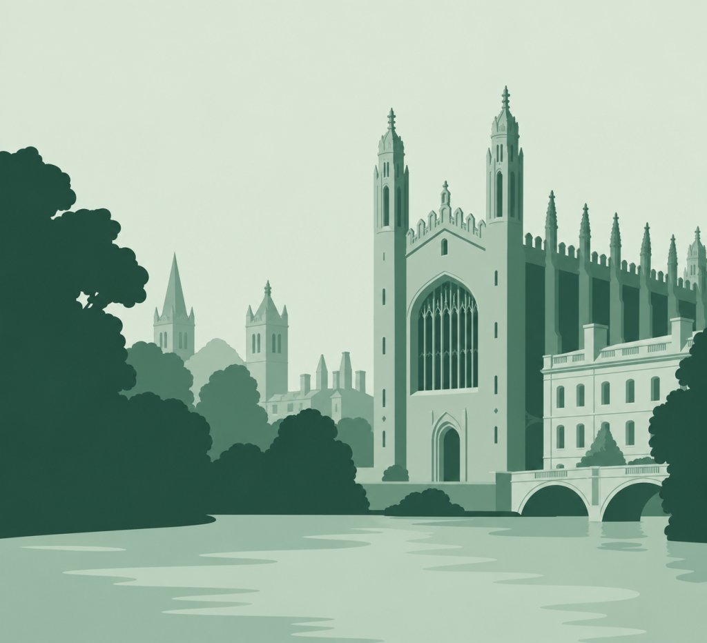 Illustration of King’s College Chapel, Cambridge, seen across the river